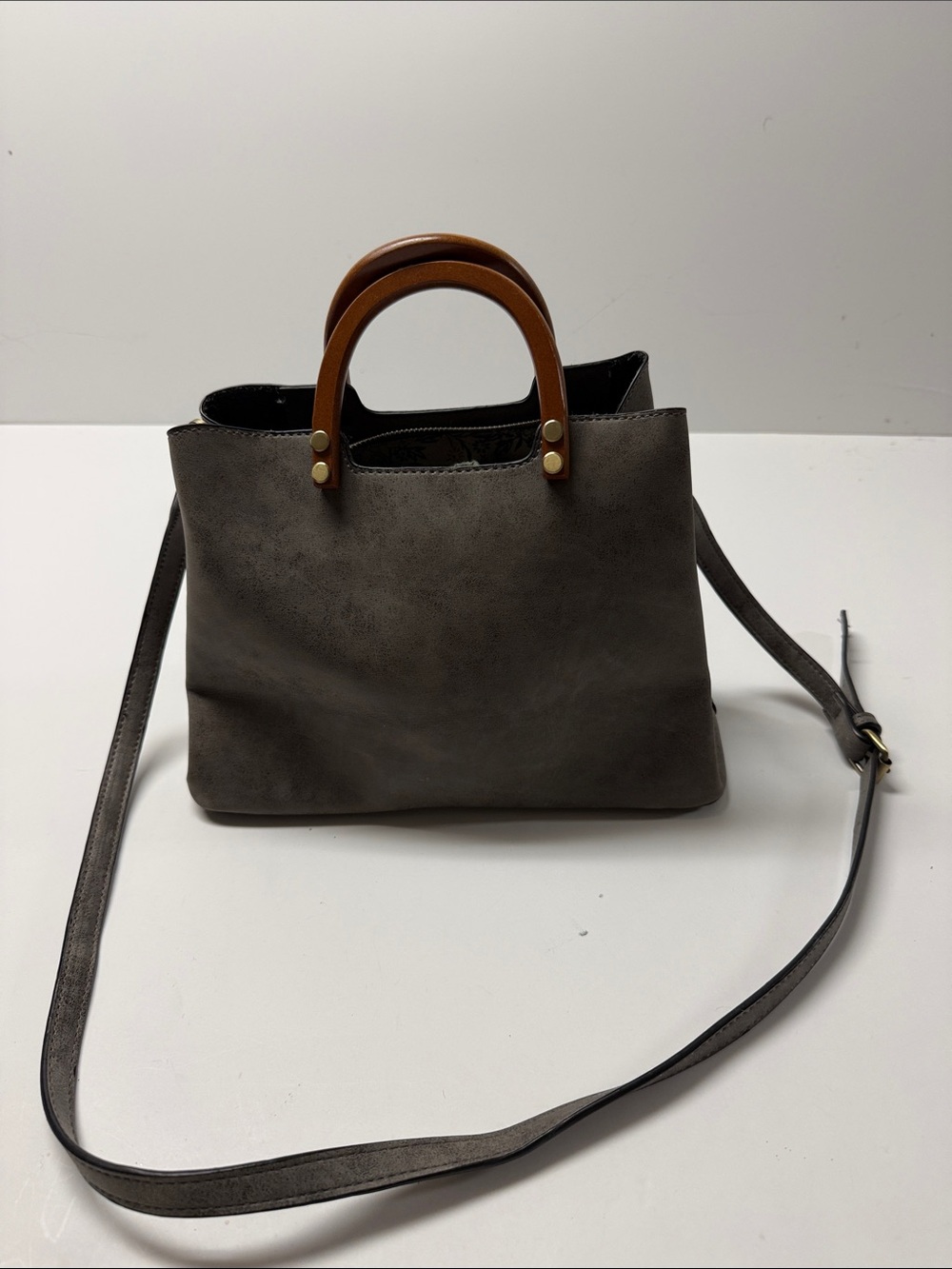 Joy Susan Gray Tote Bag with Brown Handles - Women’s Everyday Shoulder Bag